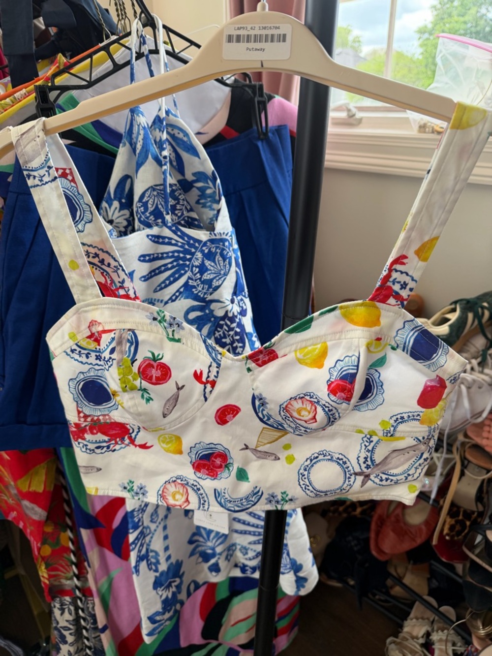 Corey Lynn Calter White Bustier Top with Multicolor Fruit & Plate Print